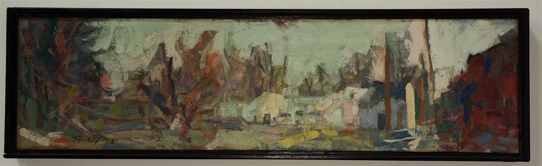 Appraisal: FRAMED OIL ON CANVAS LANDSCAPE TITLED COUNTRY AND TOWN BY