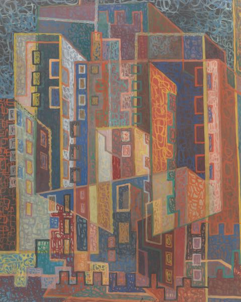 Appraisal: LOUIS WOLCHONOK AMERICAN - x Abstract buildings Mixed media oil