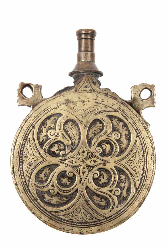 Appraisal: BRASS POWDER FLASK - Round with flat sides with long