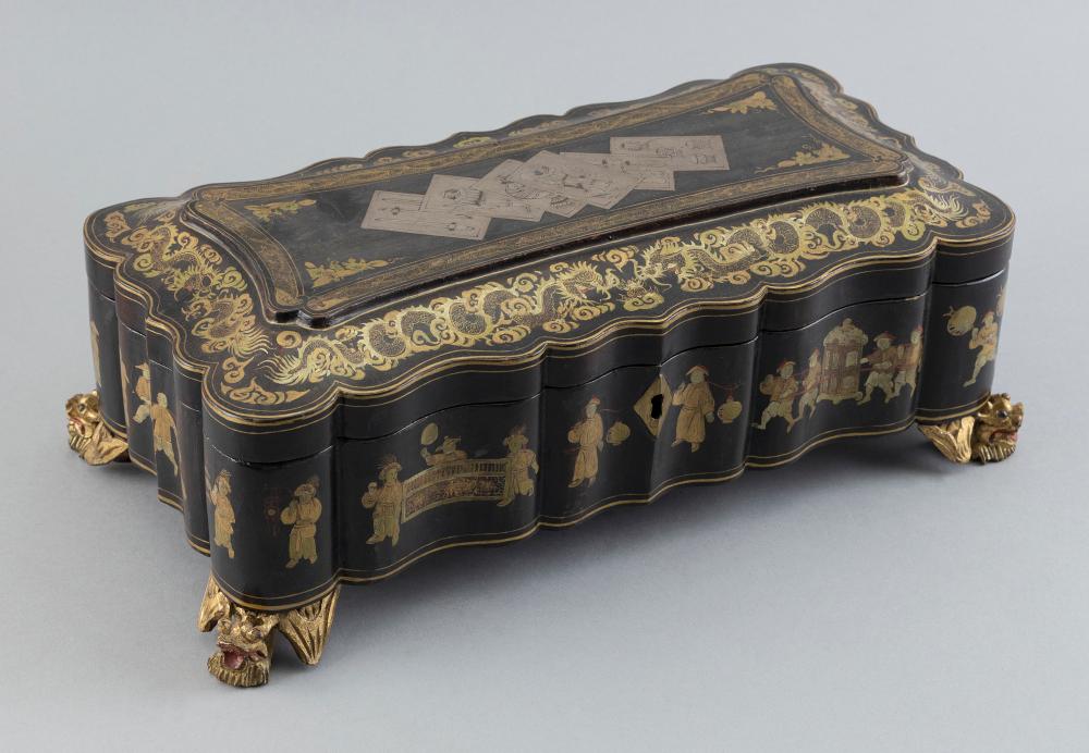 Appraisal: CHINESE POLYCHROME AND GILT-DECORATED BLACK LACQUER GAMES BOX MID- TH