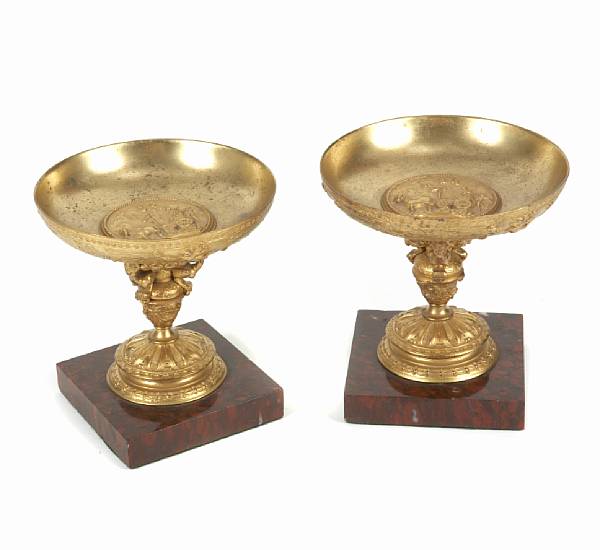 Appraisal: A pair of French gilt bronze and rouge marble tazza