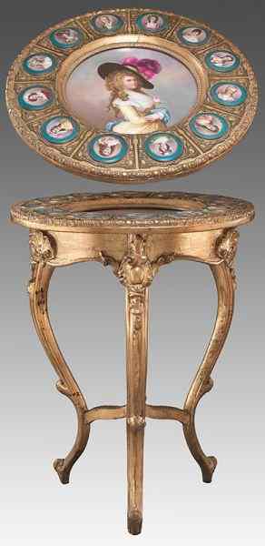 Appraisal: Royal Vienna style porcelain and gilt-wood table the central plaque