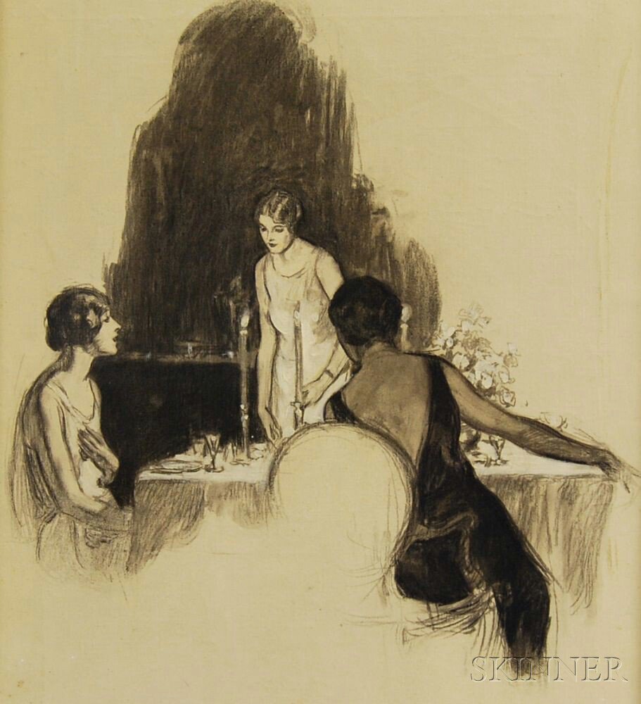 Appraisal: American School th Century The Dinner Party Unsigned Graphite on