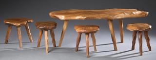 Appraisal: French Modern Carved Walnut Coffee Table and Four Stools th