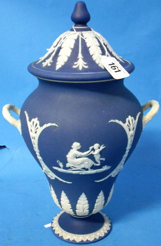 Appraisal: Wedgwood dark Blue Jasperware two handled Vase Cover height cm