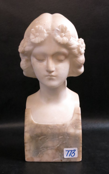 Appraisal: CARVED WHITE MARBLE BUST head and shoulders of a young