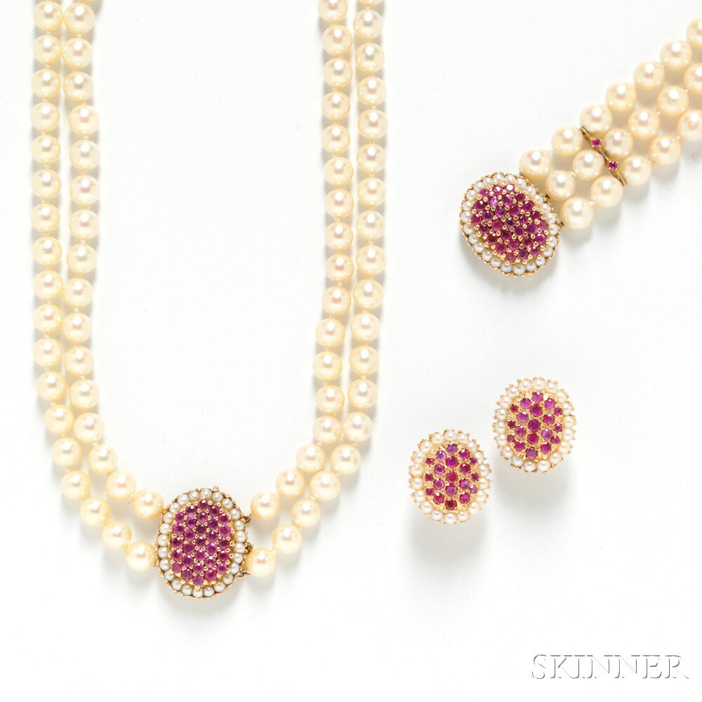 Appraisal: kt Gold Gem-set and Cultured Pearl Suite a double-strand necklace