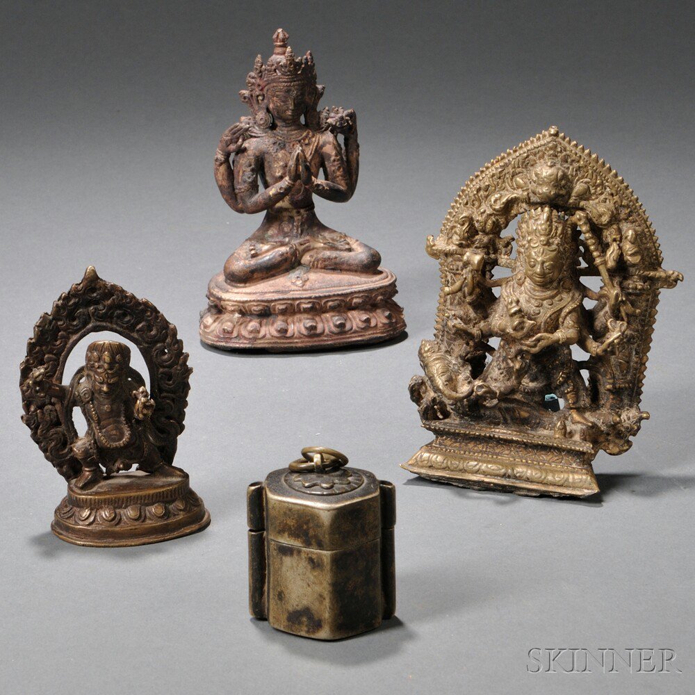 Appraisal: Three Metal Buddhist Deities and a Metal Box Sino-Tibetan each