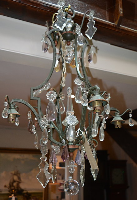 Appraisal: French green metal and coloured glass chandelierby Gagneau of Paris