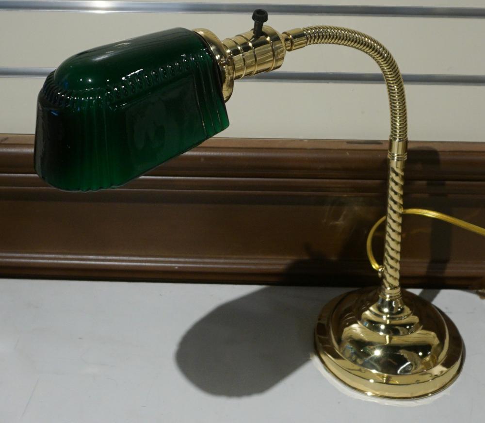 Appraisal: FARIES BRASS ADJUSTABLE GREEN GLASS SHADE DESK LAMPFaries Brass Adjustable