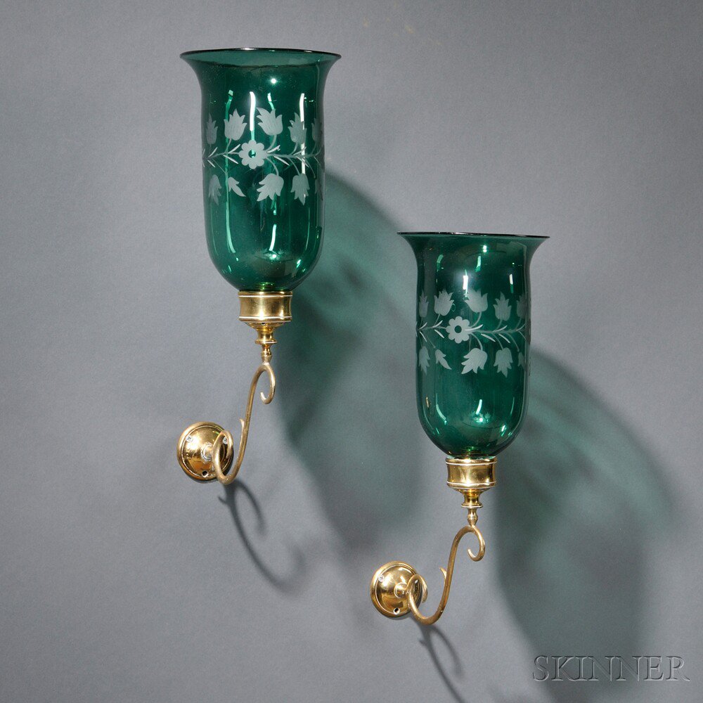 Appraisal: Pair of Brass and Etched Green Glass Candle Sconces America