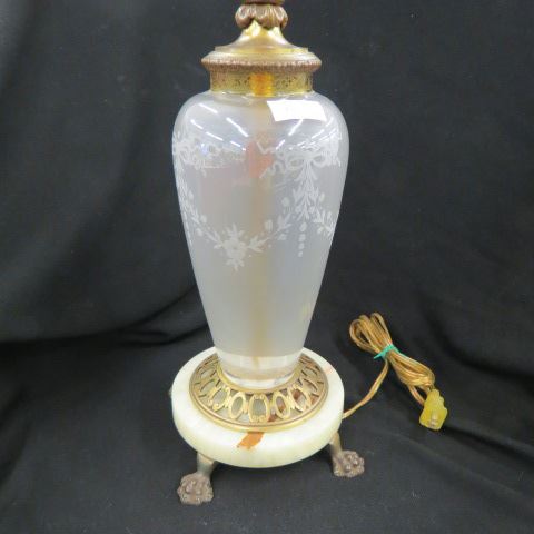 Appraisal: Art Glass Table Lamp etched floral garland yellow top attributed