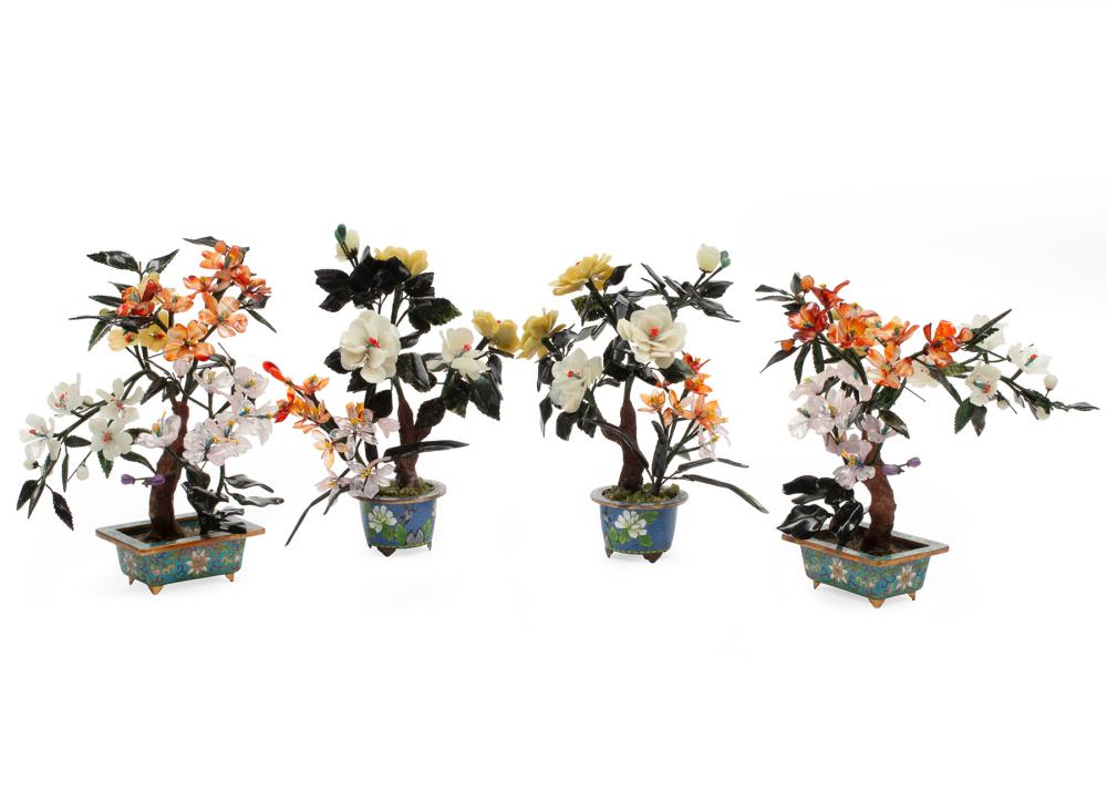 Appraisal: Two Pairs of Chinese Hardstone Trees in Cloisonne Enamel Pots