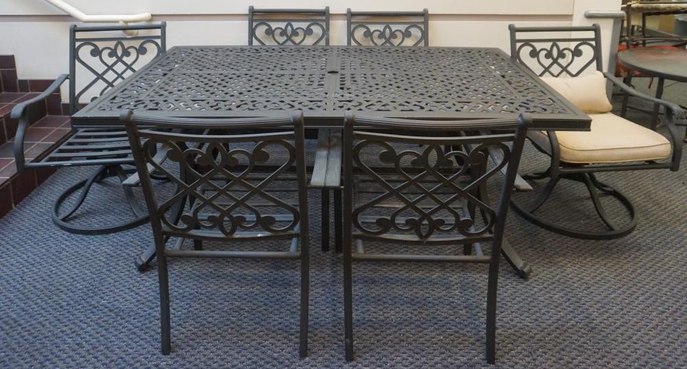 Appraisal: GRAND RESORT PAINTED METAL TABLE WITH PAIR REVOLVING CHAIRS AND