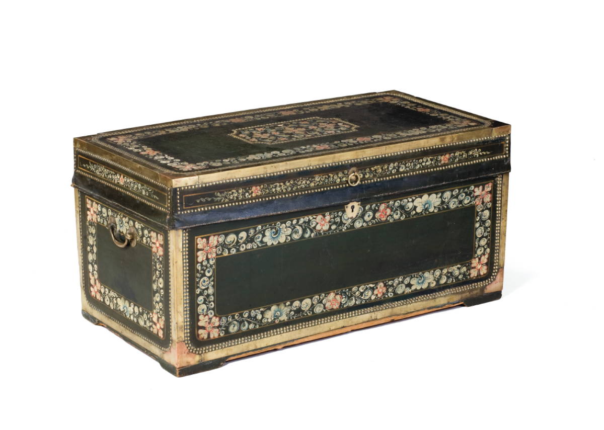 Appraisal: CHINA TRADE BRASS-BOUND BLACK LEATHER-COVERED TRUNK WITH PAINTED FLORAL DECORATION