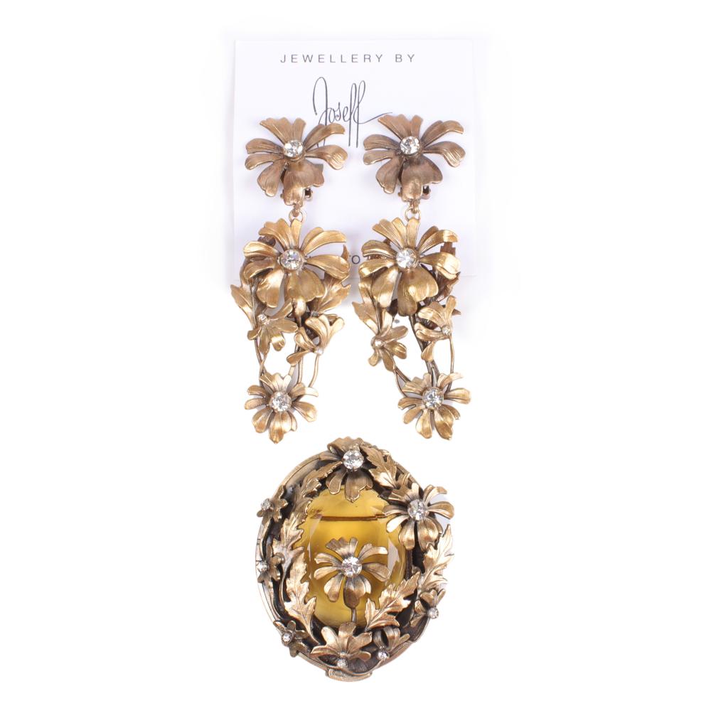 Appraisal: JOSEFF OF HOLLYWOOD GOLD TONE RHINESTONE FLORAL DANGLE EARRING AND