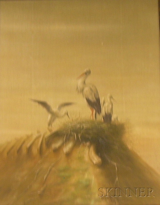 Appraisal: Framed Oil on Canvas View of Storks Perched on Dinosaur