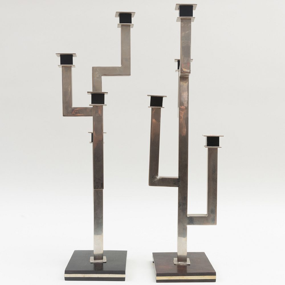 Appraisal: Pair of Modernist Nickel Plated Four-Light Candelabra On ebonized wood