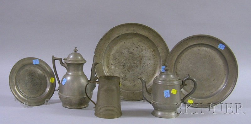 Appraisal: Six Pewter Tableware Items two teapots a mug two plates