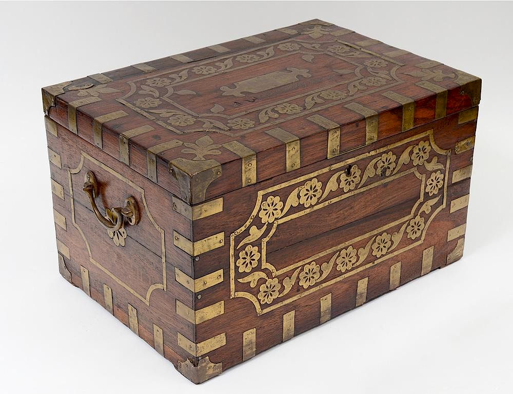 Appraisal: BRASS INLAID WOOD DOCUMENT BOX Indian The rectangular hinged top