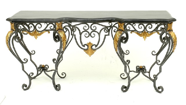 Appraisal: A PAIR OF WROUGHT IRON AND BRASS CONSOLE TABLES Each