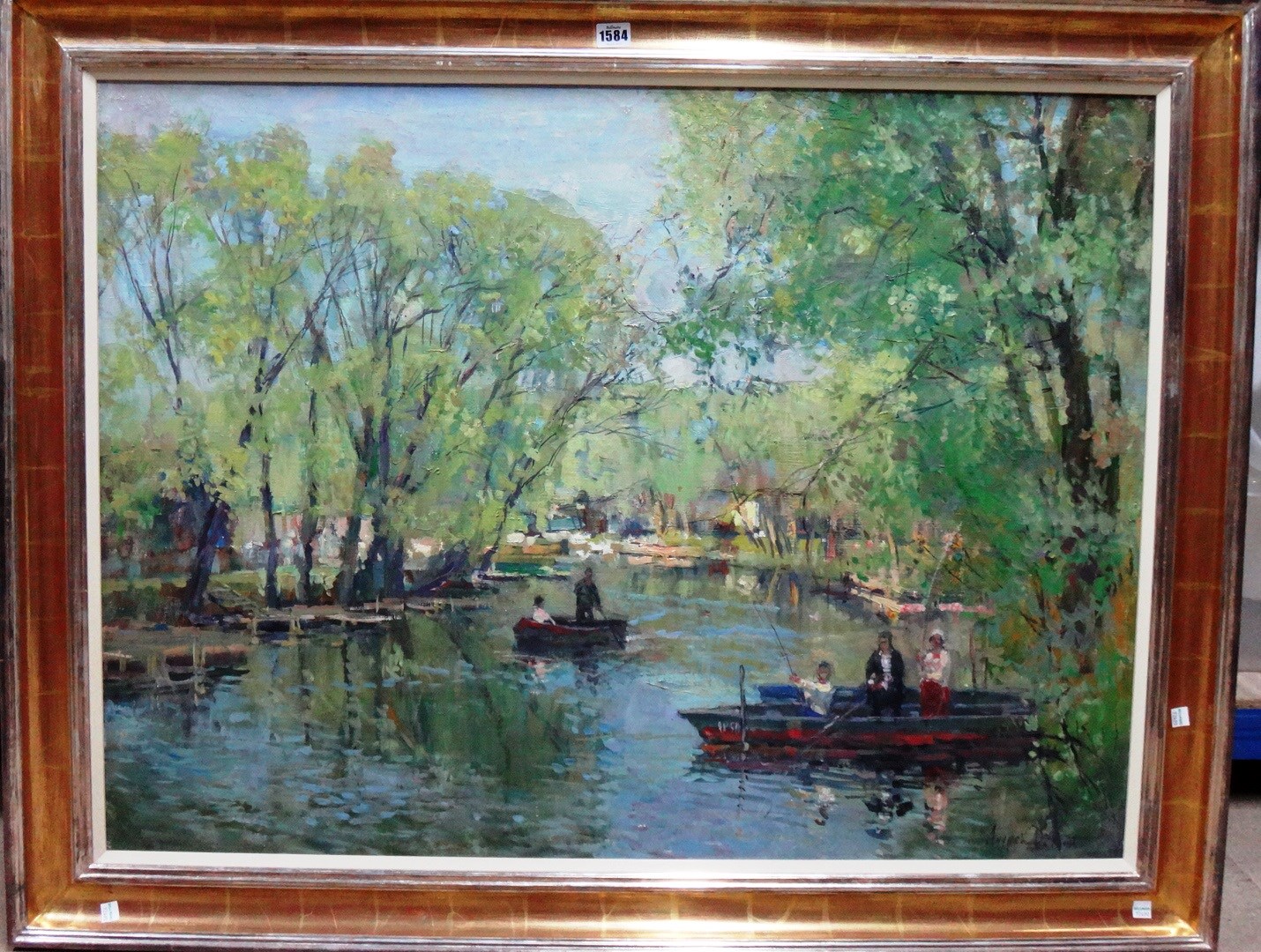 Appraisal: Ahgper D mhh th century River scene with figures punting