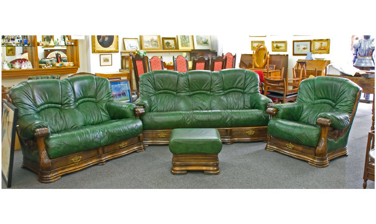 Appraisal: Three Piece Leather Suite Oak Framed With Green Leather Upholstery