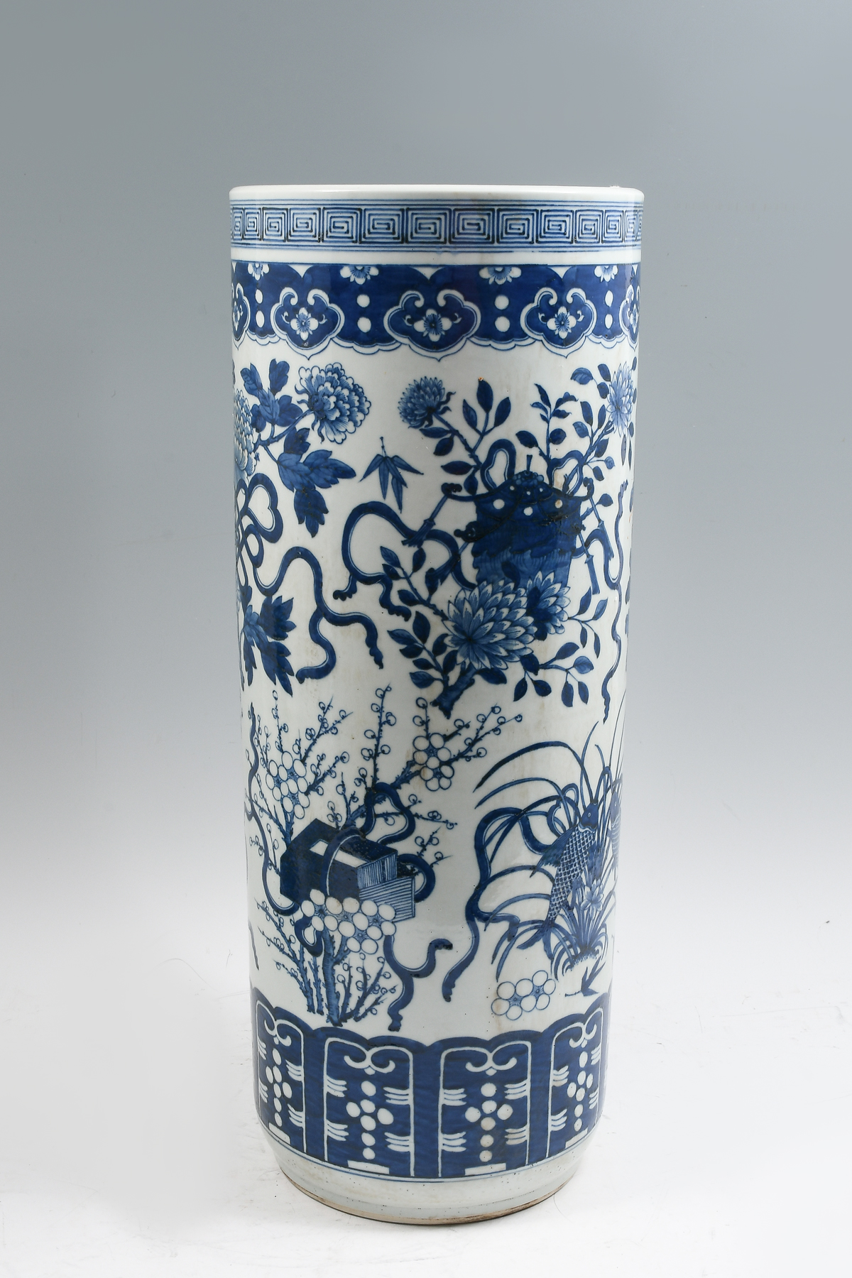 Appraisal: TAOIST CHINESE BLUE WHITE UMBRELLA STAND Large blue white Chinese