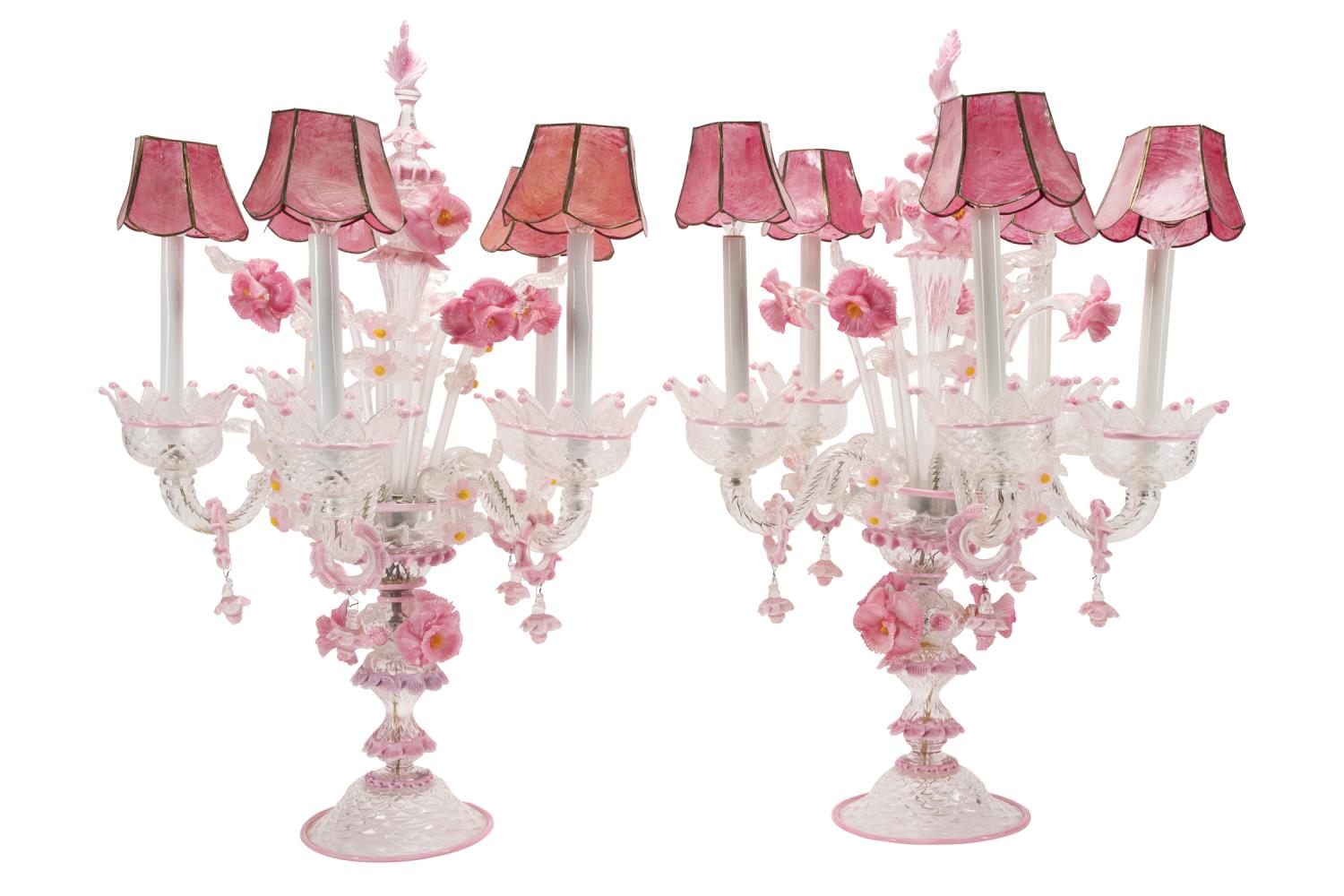 Appraisal: PAIR MURANO GLASS PINK FIVE LIGHT CANDELABRA Pair of Italian