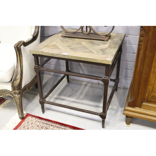 Appraisal: Modern parquetry top side table with wrought iron base approx