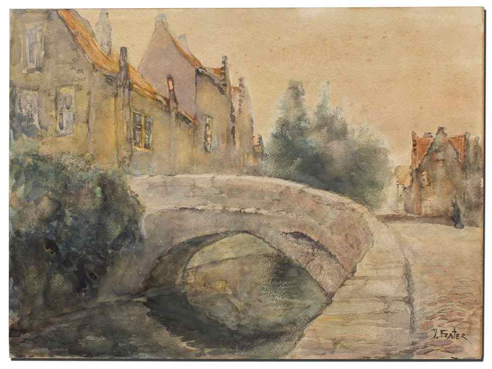 Appraisal: EUROPEAN VILLAGE CANAL PAINTING SIGNED FRATER Watercolor '' x ''