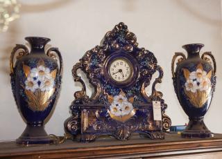 Appraisal: Porcelain Decorated Clock and Vases Clock H Vases H Blue