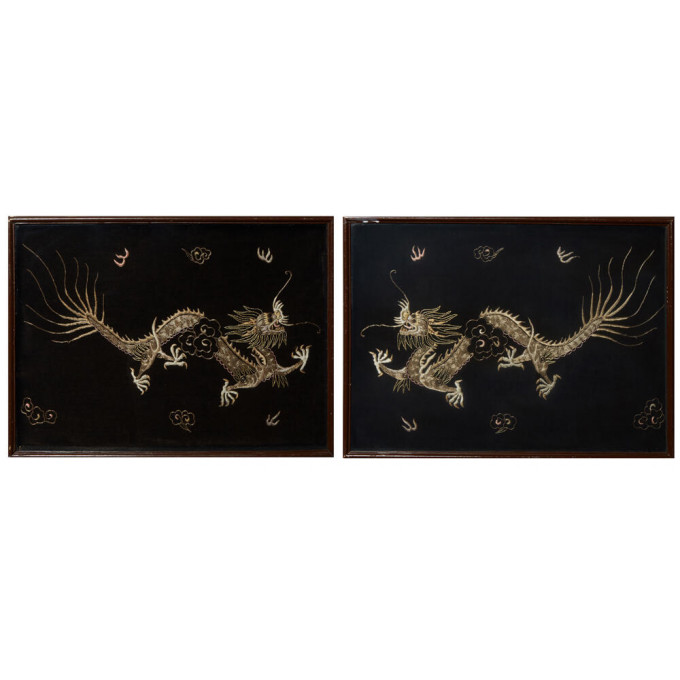 Appraisal: Pair of Chinese Embroidered Dragons and Clouds th c with