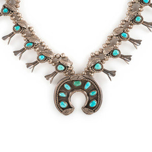 Appraisal: Navajo Silver and Turquoise Squash Blossom Necklace third quarter th