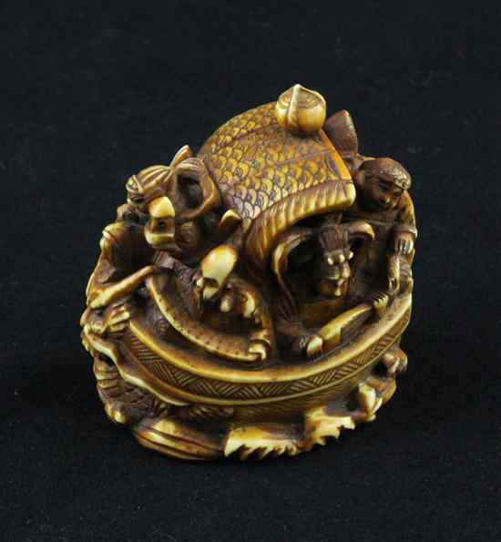 Appraisal: A stained ivory netsuke carved as the Takarabune signed Jugyoku