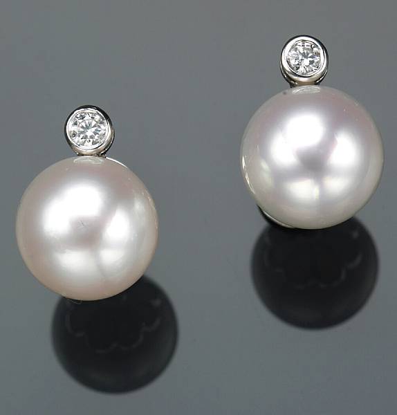 Appraisal: A pair of South Sea cultured pearl diamond and k