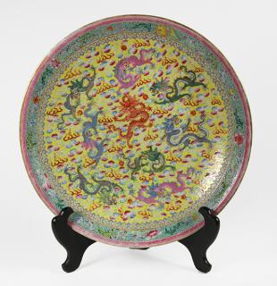 Appraisal: Chinese Porcelain Dragon Charger Chinese enameled porcelain charger the center