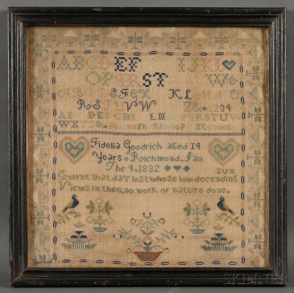 Appraisal: Needlework Sampler Fidelia Goodrich Richmond Vermont worked in silk threads