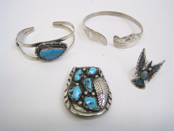 Appraisal: NATIVE AMERICAN STERLING SILVER JEWELRY pieces Includes cuff bracelets one