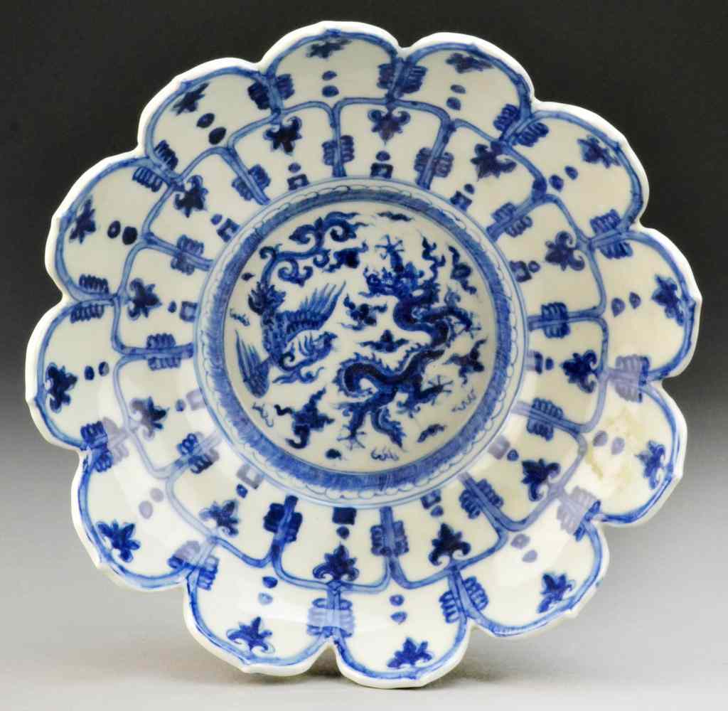 Appraisal: Chinese Ming Style Blue White Porcelain PlateScalloped plate finely painted