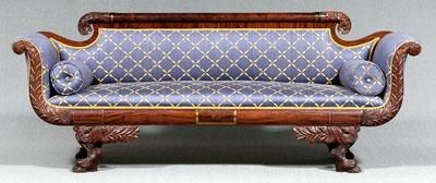 Appraisal: Classical carved mahogany sofa rolled crest with brass banding leaf