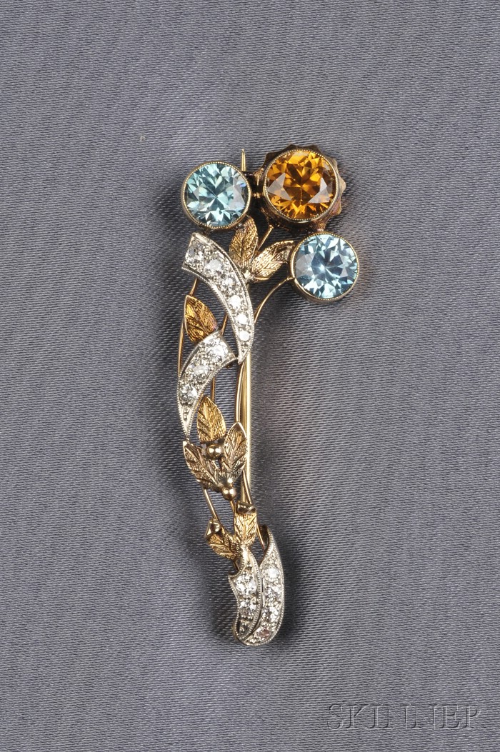 Appraisal: kt Gold Zircon and Diamond Spray Brooch bezel-set with three