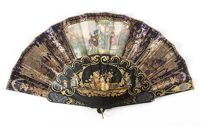 Appraisal: FOILED PAPER AND PAINTED WOOD FOLDING FLIRTING FAN French Late