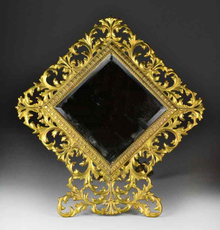 Appraisal: Antique Brass Bevelled Mirror and StandSquare bevelled glass mirror with