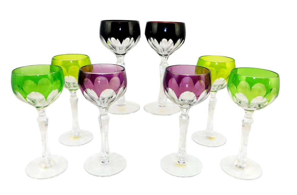 Appraisal: GLASS Eight color cut to clear balloon wine glasses cut