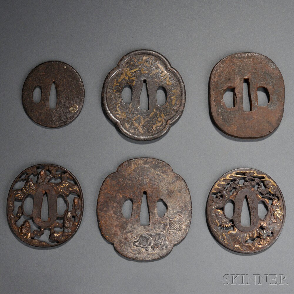 Appraisal: Six Iron and Gilt Tsuba Japan th- th century one