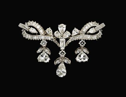 Appraisal: Platinum and diamond drop brooch s Bow shaped with three