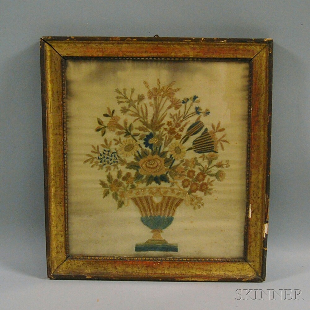 Appraisal: Silk Needlework Picture of an Urn of Flowers America early