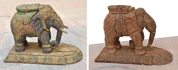 Appraisal: TWO INDIAN CARVED TIMBER ELEPHANTS ON BASES LARGEST CM LONG