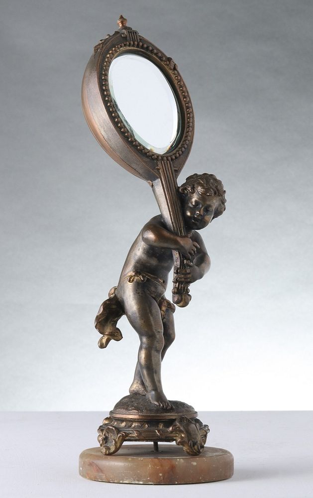 Appraisal: A MID TH CENT SPELTER CHERUB FIGURAL DRESSER MIRROR The